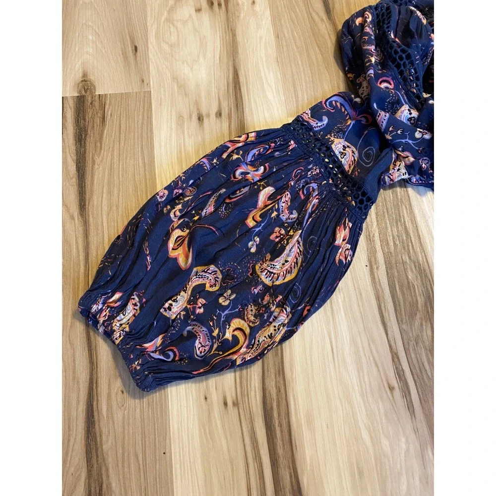 Free People Navy Floral Paisley Tunic Top Crochet Lace Balloon Sleeve Size M